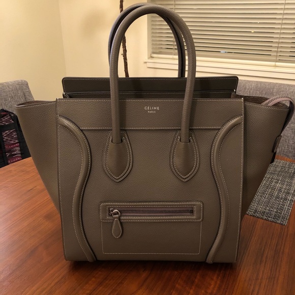 Celine Handbags - Celine Micro Luggage Gray Tote White Stitching